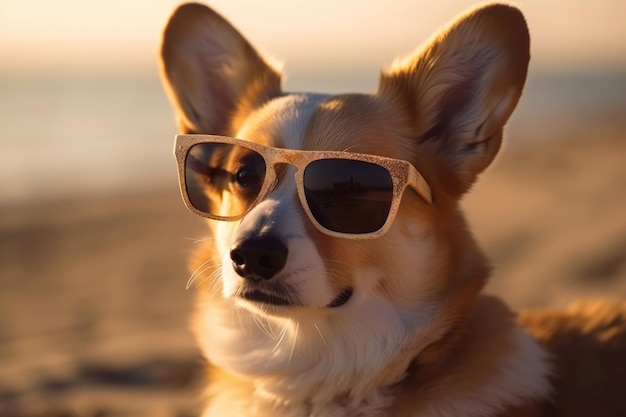 Cute corgi in sunglasses at the beach sunset light generative ai