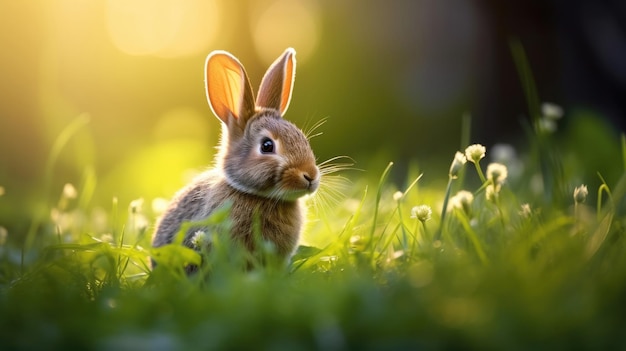 평화로운 초원에서 신선한 초록 잔디에 귀여운 cottontail 토끼 토끼 빛을 즐기십시오