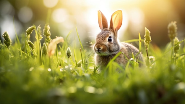 Cute cottontail rabbit bunny in fresh green grass in a peaceful meadow