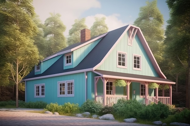 Cute country house in the woods with pastel colour
