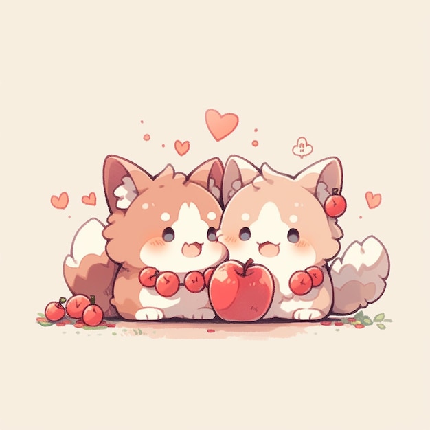 cute couple cat with apple