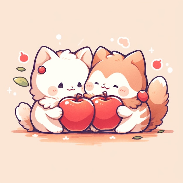 cute couple cat with apple