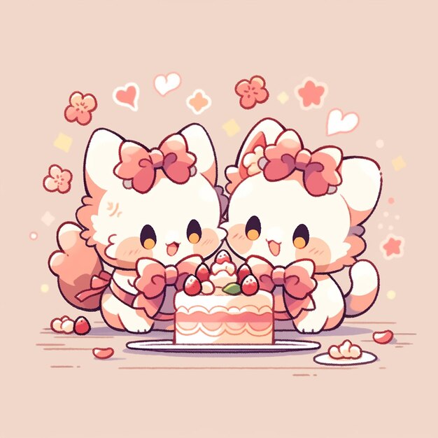 Photo cute couple cat with birthday cake