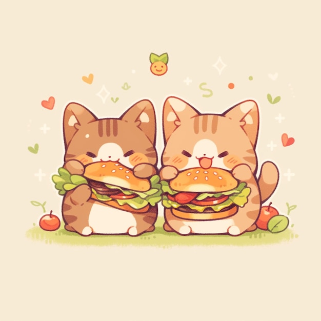 cute couple cat with hamburger