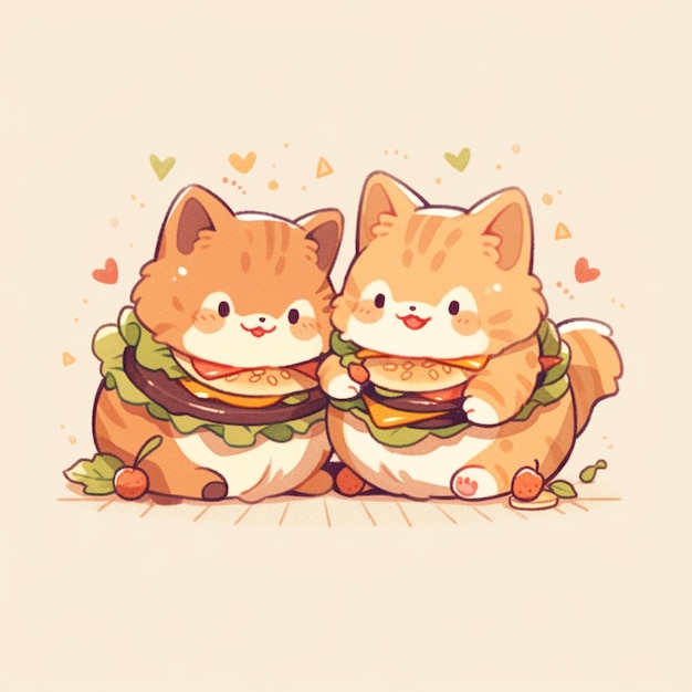 cute couple cat with hamburger