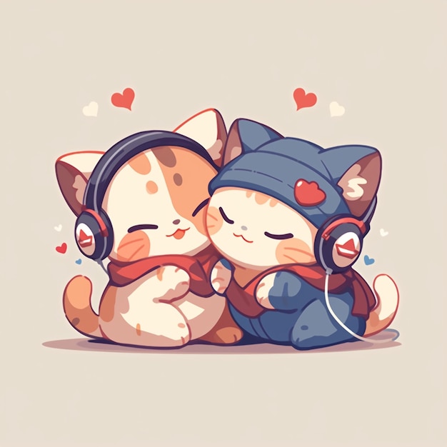 Photo cute couple cat with headphone