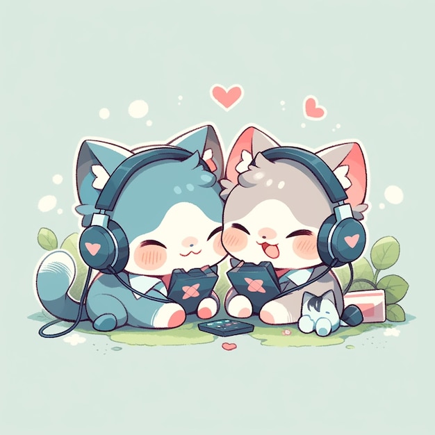 cute couple cat with headphone