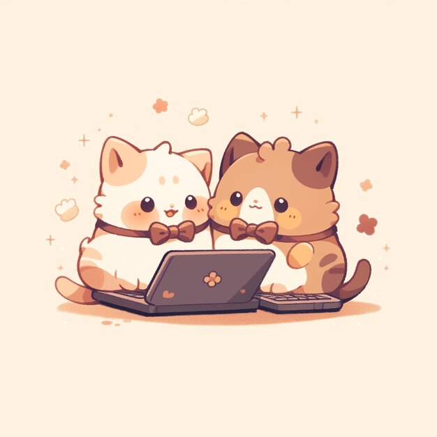 Photo cute couple cat with laptop