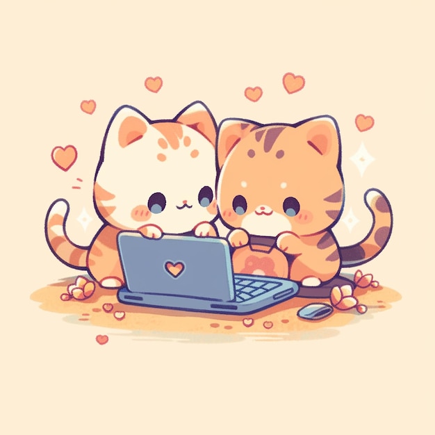 Photo cute couple cat with laptop