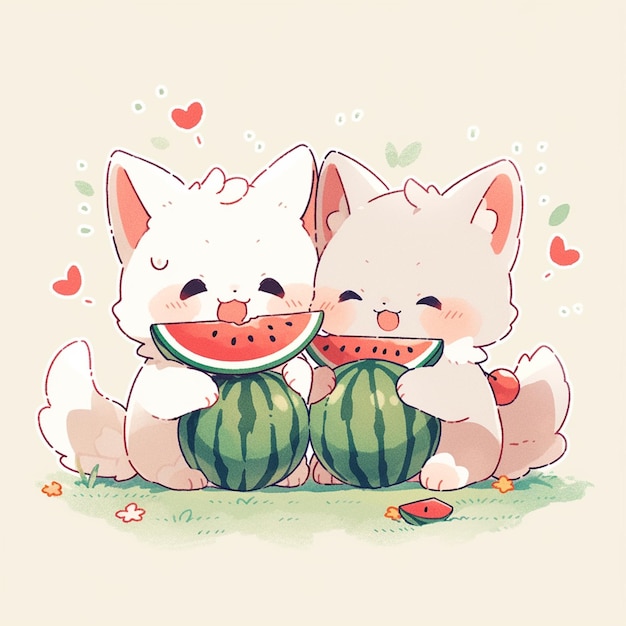 Photo cute couple cat with watermelon