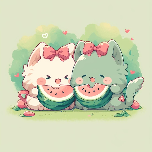 cute couple cat with watermelon