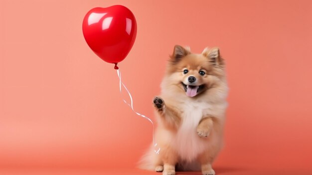 Cute couple dog holding heart balloon on isolated background