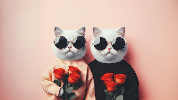 사랑스러운 커플은 발렌타인 데이 컨셉에서 장미 꽃줄을 들고 재미있는 고양이를 들고 있습니다.