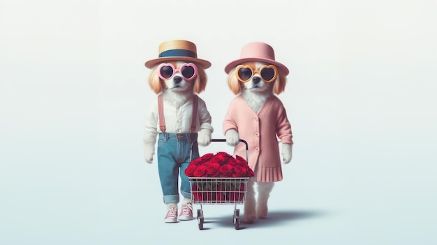 Cute couple funny dog holding a Shopping cart with rose inside in Valentines day concept