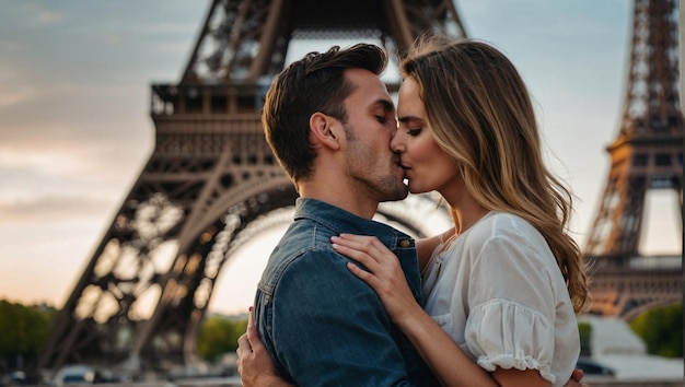 cute couple kissing in front of the effel tower