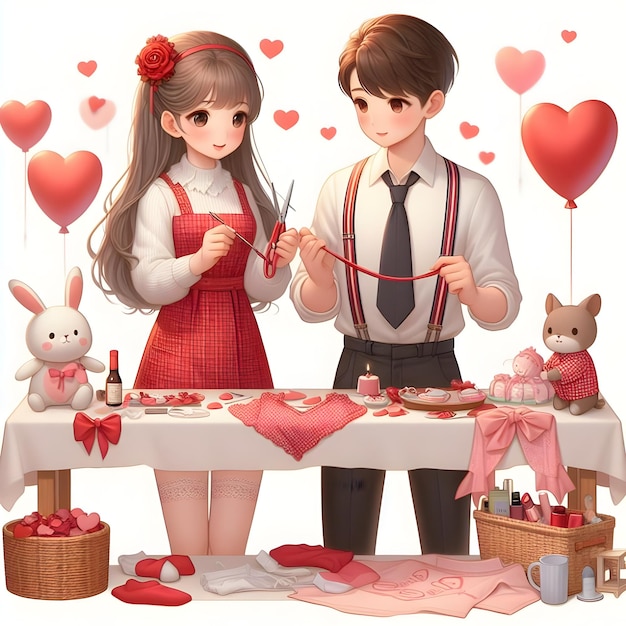 Photo cute couple make preparations for valentines party