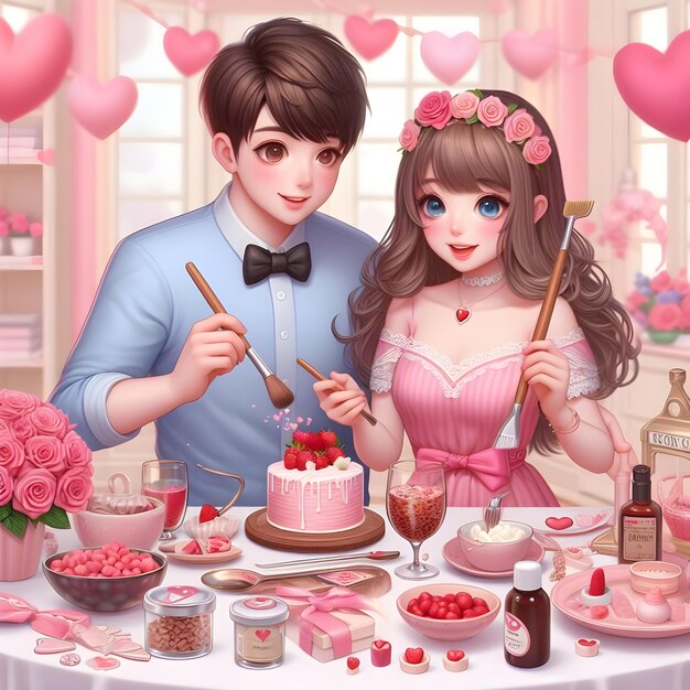 Photo cute couple make preparations for valentines party