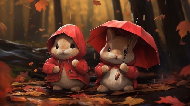 Cute couple rabbits cartoon with landscape background