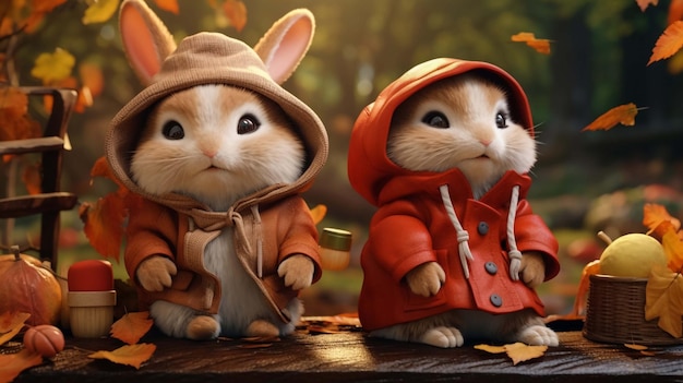 Cute couple rabbits cartoon with landscape background