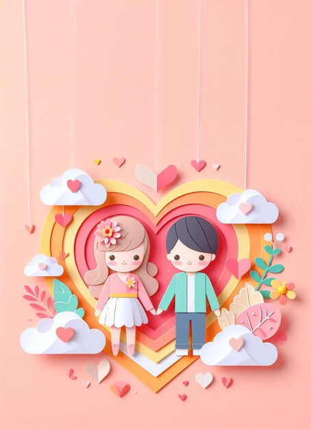 Cute couple Valentines Day and wedding paper art paper cut generative ai illustration art