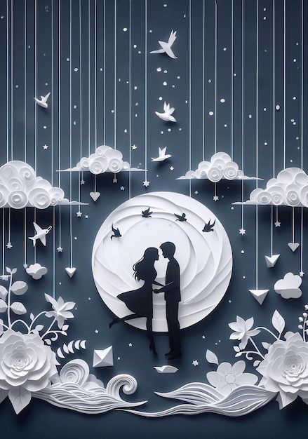 Cute couple Valentines Day and wedding paper art paper cut generative ai illustration art