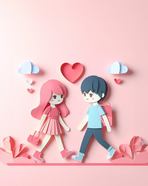 Cute couple valentines day and wedding paper art paper cut generative ai illustration art