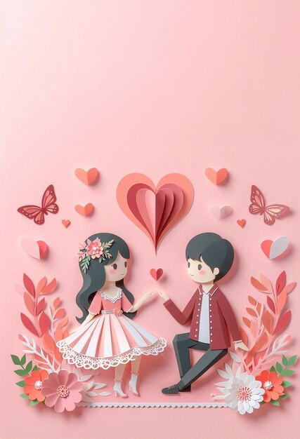 Cute couple Valentines Day and wedding paper art paper cut generative ai illustration art