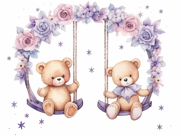 Cute couple watercolor teddy bears with balloon and flowers decoration vector illustrations for birthday party kids book sticker fabric tshirt wall art cover book