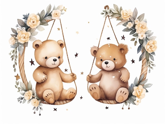 Photo cute couple watercolor teddy bears with balloon and flowers decoration vector illustrations for birthday party kids book sticker fabric tshirt wall art cover book