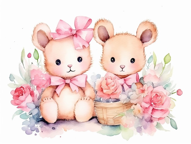 Cute couple watercolor teddy bears with balloon and flowers decoration vector illustrations for birthday party kids book sticker fabric tshirt wall art cover book