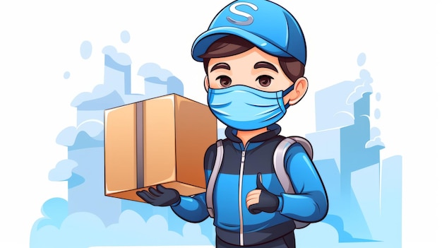 Cute courier delivery package with mask cartoon vector icon illustration people business isolated