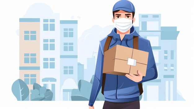Cute courier delivery package with mask cartoon vector icon illustration people business isolated