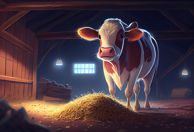 Cute cow in a barn with a haystack