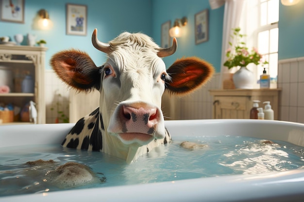Cute cow in the bathroom relaxing and washing herself Generative AI