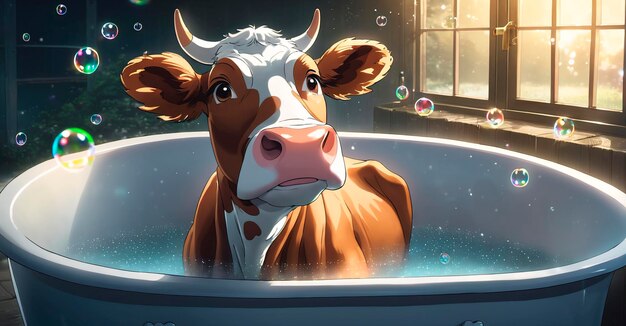 Cute cow in a bathtub