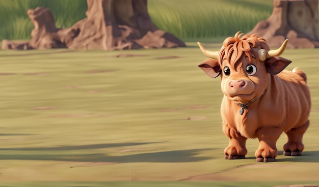 Cute cow in the field 3D illustration Cartoon style