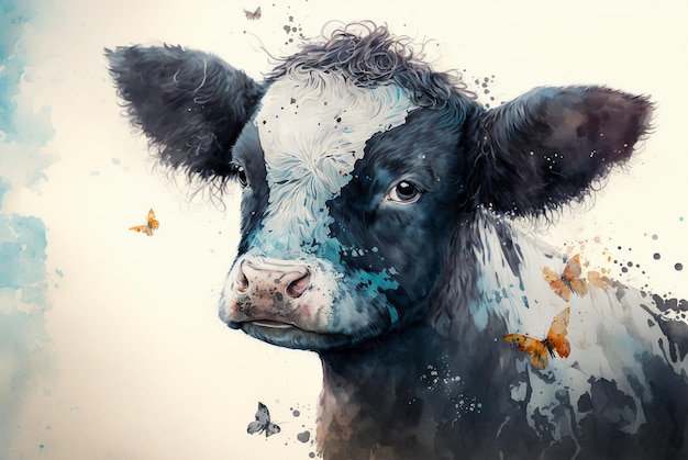 写真 かわいい牛がこちらを見て 水彩絵の具 ジェネレーティブ ai