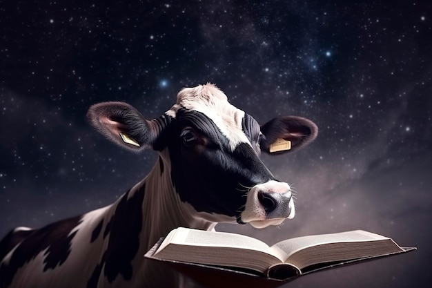 Cute cow reading book character Generative Ai