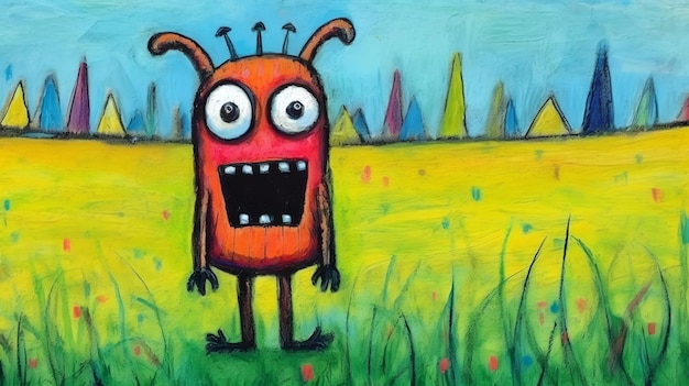 Cute cow standing in green field oil pastels drawing