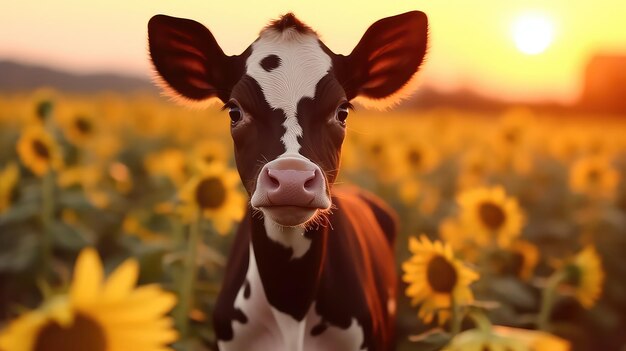 Photo cute cow on sunflower field at sunset closeup