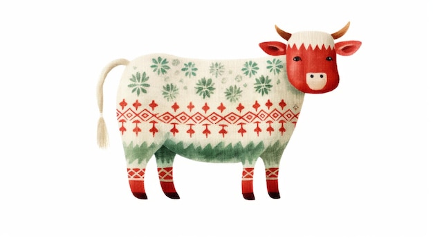 Cute cow watercolor illustration in Christmas style Funny animal in clothes