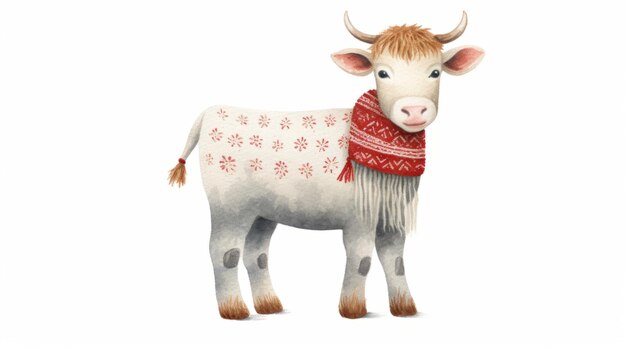 Cute cow watercolor illustration in Christmas style Funny animal in clothes