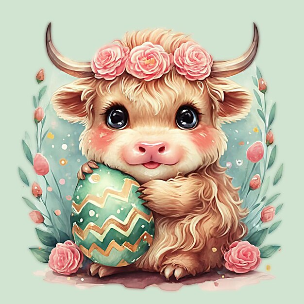 cute Cow with flowers on her head and a flower crown