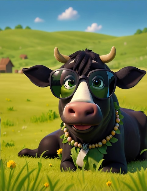 Cute cow with sunglasses in lush green meadow generative ai illustration