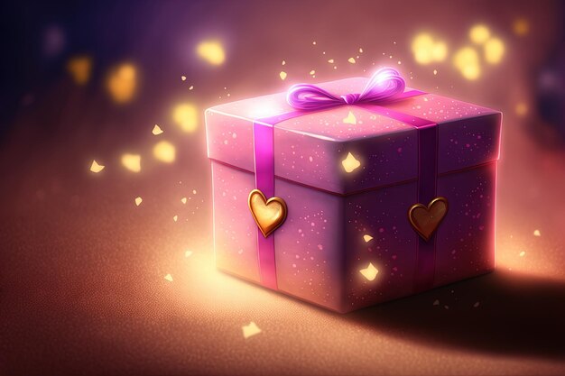 Cute and cozy gift box with ribbon Gift box on shiny bokeh background