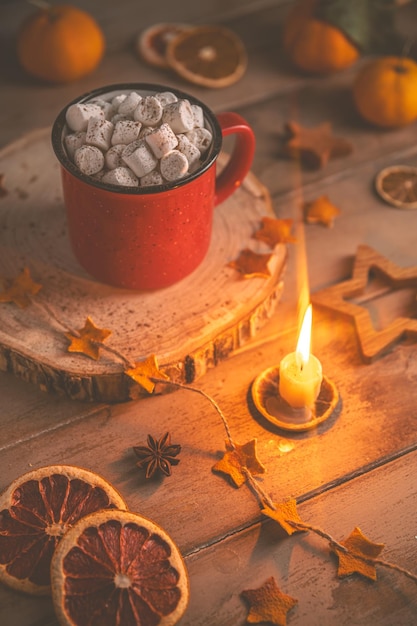 Cute cozy winter composition red mug marshmallows oranges and Christmas lights