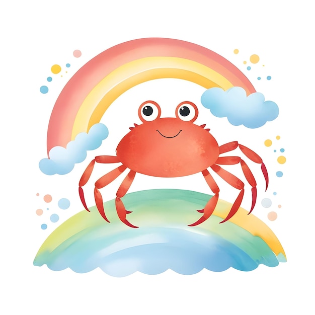 Photo cute crab with rainbow in background for toddlers book