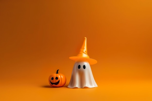 Cute creepy halloween ghost with copy space on orange background generative ai