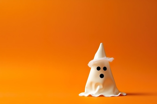 cute creepy halloween ghost with copy space on orange background generative ai