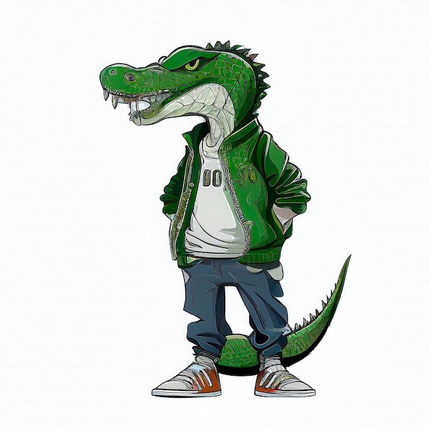 Cute Crocodile dressed in fashionable youth clothes Wearing Jacket trousers sneakers Cartoon Illustration Animal Nature Icon Concept Flat Cartoon Style Generative AI illustration AI